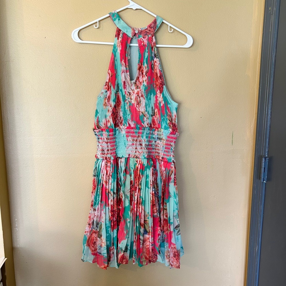 Rococo Sand Mint Green Coral Floral Halter Smocked Pleated Mini Dress New Medium - Picture 3 of 5